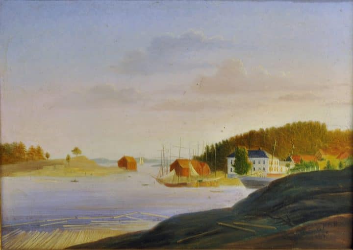 Anders Baar malte anlegget med lysthuset på Kjellestad i 1855. (Telemark Museum)